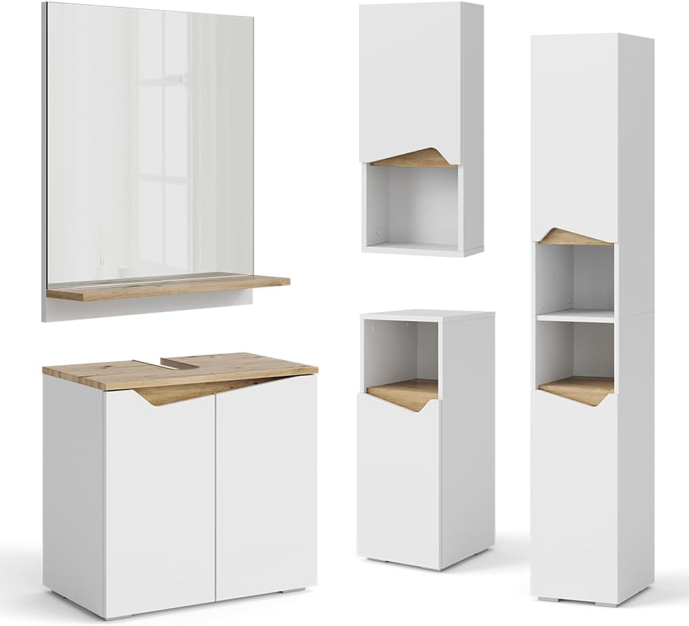 Vicco Badschrank Weiß Marelle 30x180x35 cm - Wäscheschrank, Grifflose Fronten für eine Moderne Optik