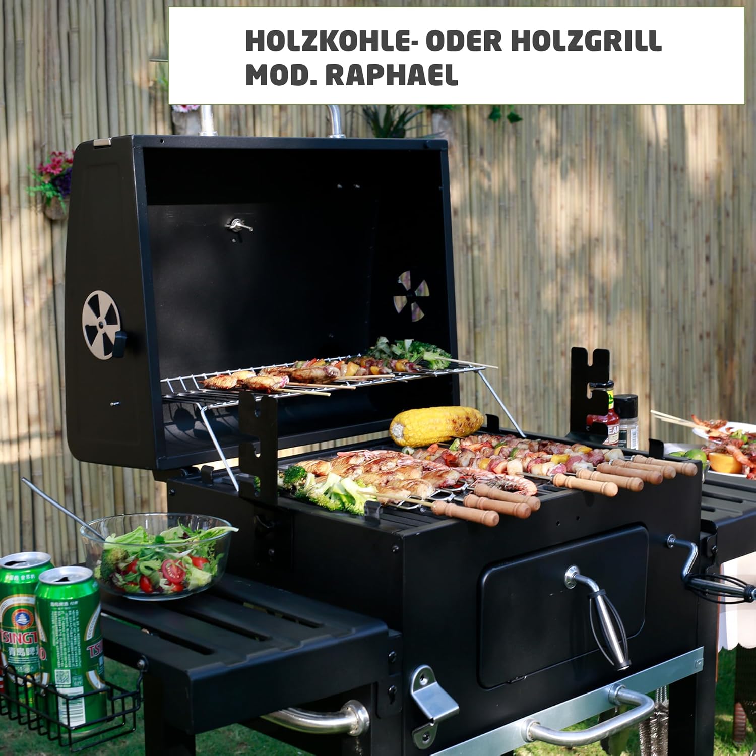 Amig - Holzkohlegrill- Fireplus Tragbarer Barbacue - Grill mit Rädern und Seitenablagen - Belüftungssystem und Aschebehälter - Stahlgrill 57 x 42 cm - Maße: 116-5 x 13-1 x 56 cm
