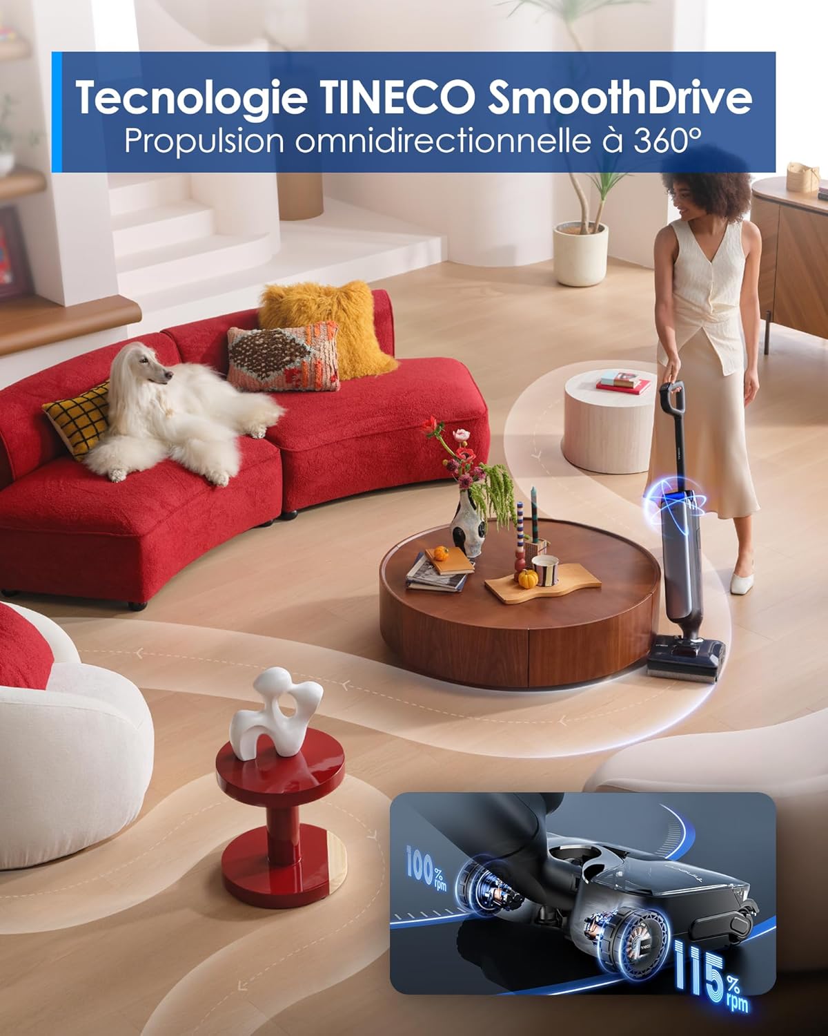 Tineco Floor One S9 Artist Aspirateur Laveur, 22 kPa d'aspiration, 360° SmoothDrive, Design Anti-emmêlement, 50 Min d'autonomie, Nettoyage des Bords des 2 côtés, s'aplatit à 180°, Flashdry à 85°C
