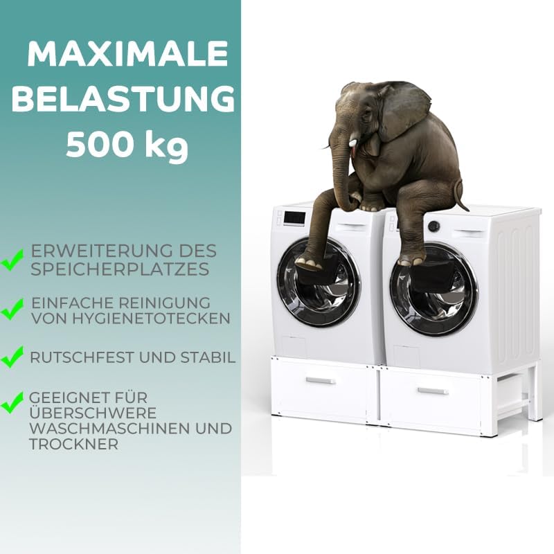 Stabiler Waschmaschinen Untergestell mit 2 Schubladen Waschmaschinen Unterschrank 500kg Tragkraft Waschmaschine mit Hohem Sockel Stahl Doppel Podest für Waschmaschine und Trockner