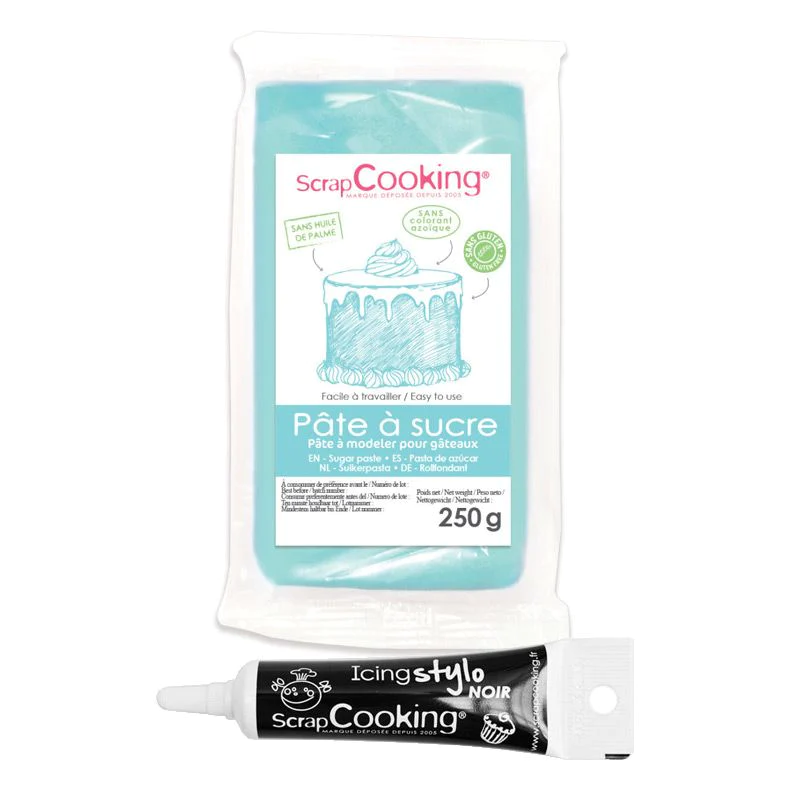 Pâte à sucre bleu clair 250 g + Stylo de glaçage noir Scrapcooking