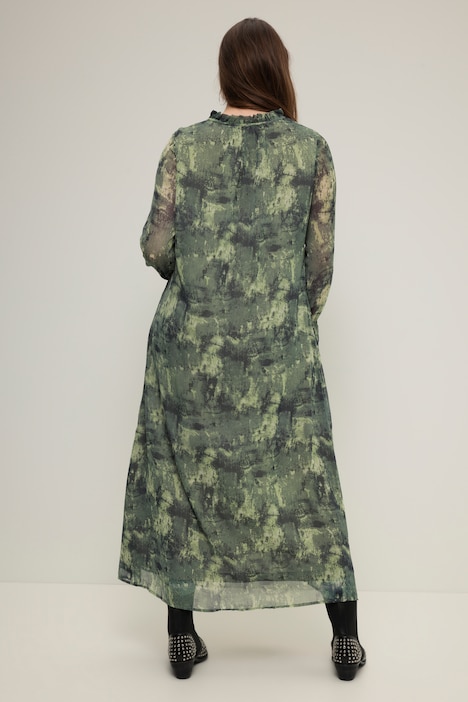 Maxikleid, A-Line, Chiffon, Allover-Print, Rüschenkragen, Langarm