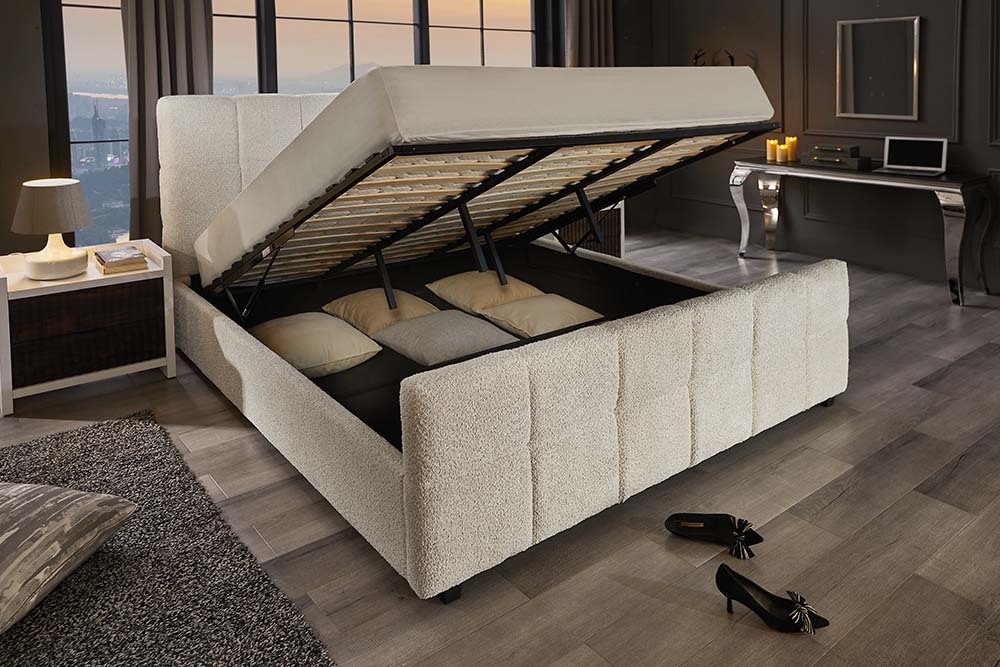 Modernes Boxbett PRESTIGE 160x200cm creme Bouclè mit Stauraum und Lattenrost