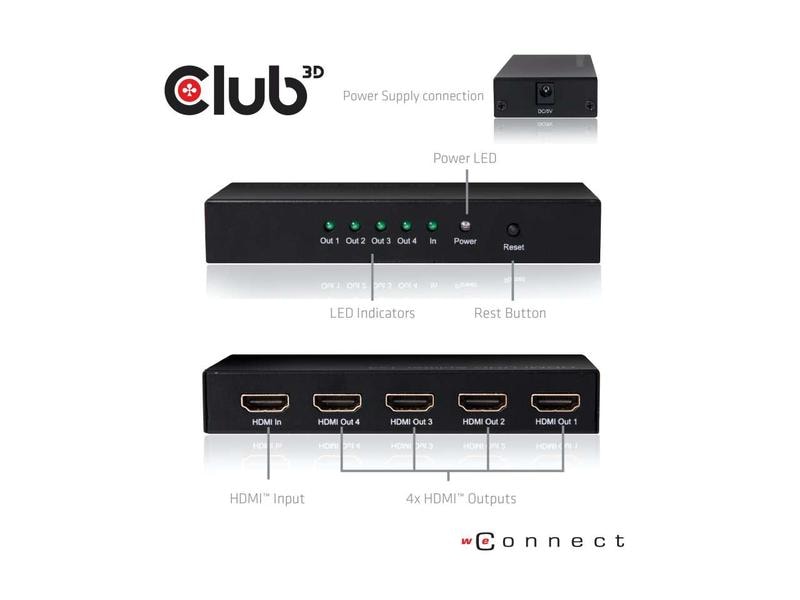 Club 3D 4-Port Signalsplitter HDMI 2.0 UHD Splitter 4 Port 4-Port Signalsplitter, Aktiv