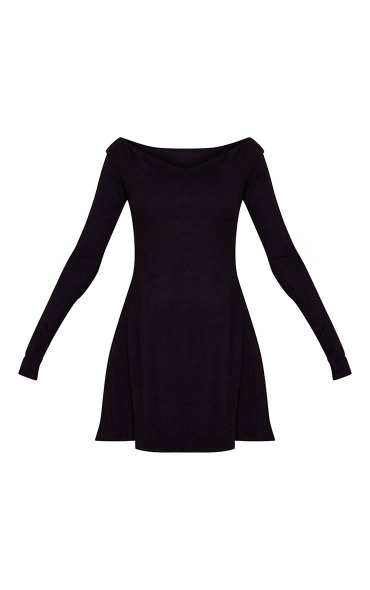Noir Robe Droite À Manches Longues Col V Toucher Doux