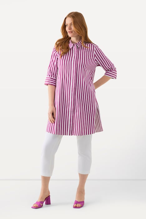 Longbluse, Streifen, A-Linie, Hemdkragen, 3/4-Arm