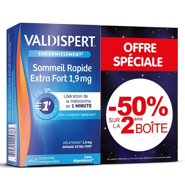 Valdispert Extra Strength Sono Rápido 1,9mg Melatonina Embalagem com 2 x 40 comprimidos