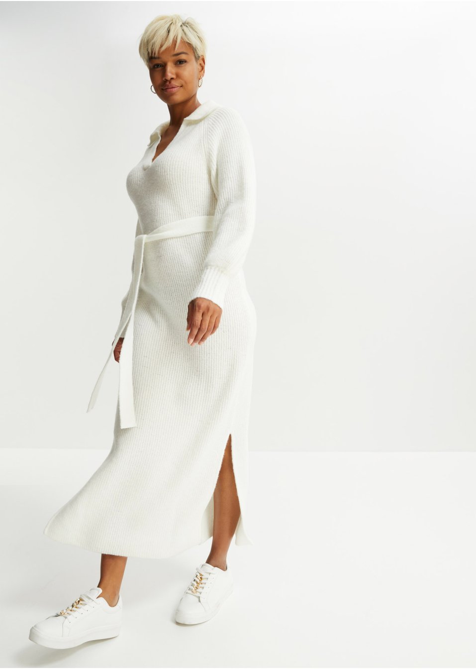 Robe en maille col en V et ceinture (Ens. 2 pces.)