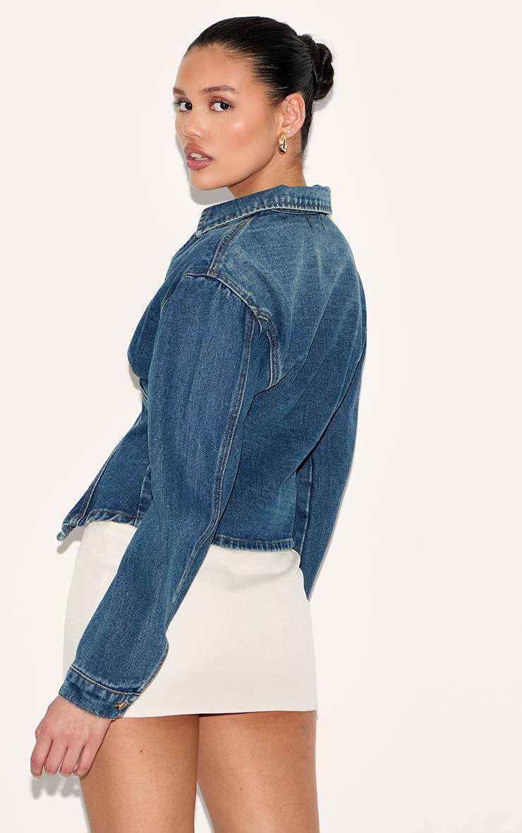 Mid Blue Wash Chemise En Denim À Manches Ballon Avec Taille Cintrée Et Ourlet Fendu