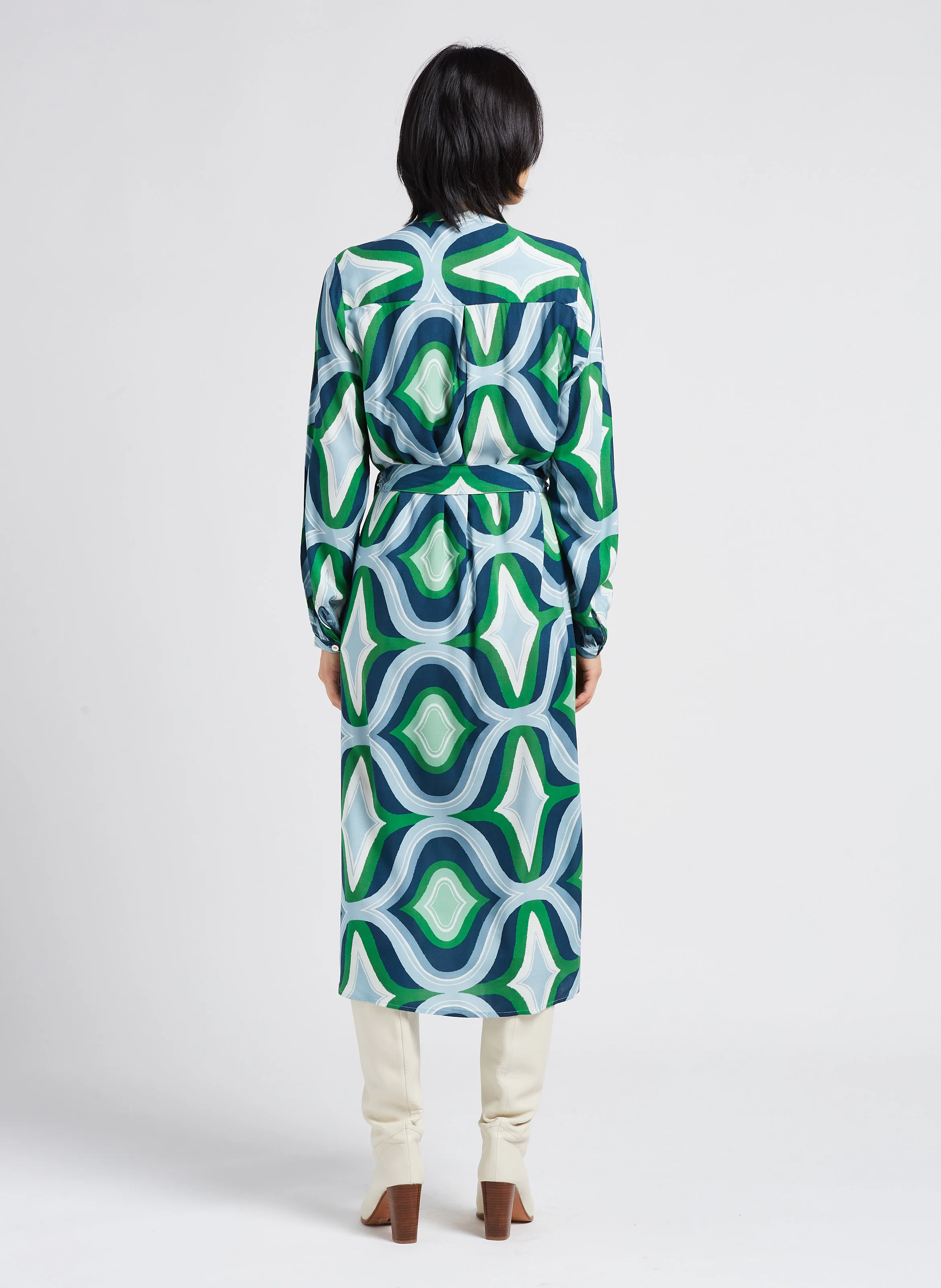 CLELIE - Robe midi col tunisien imprimé géométrique| Vert