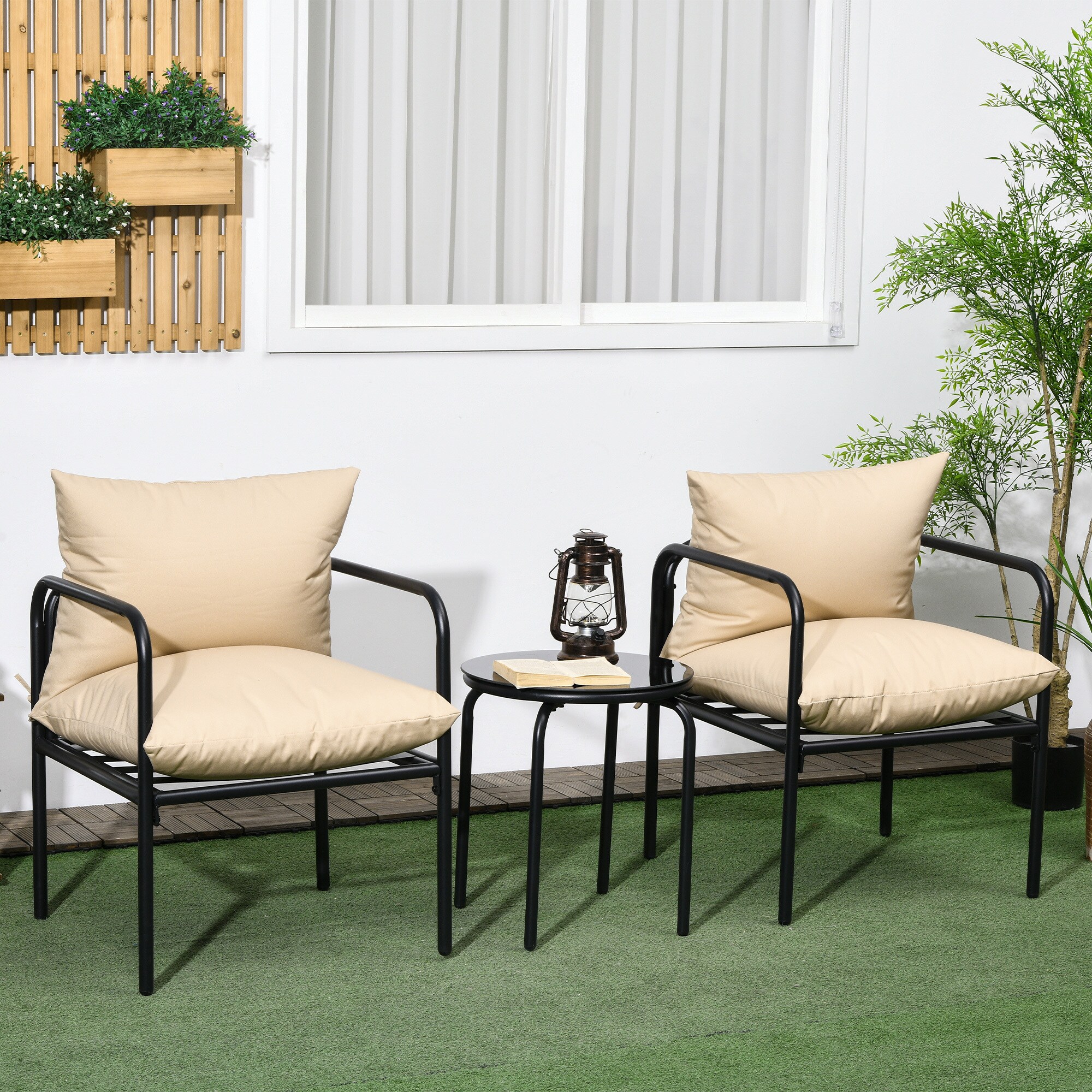 Outsunny Bistro-Set mit 2 Stühlen und Beistelltisch beige 58L x 58B x 66H cm