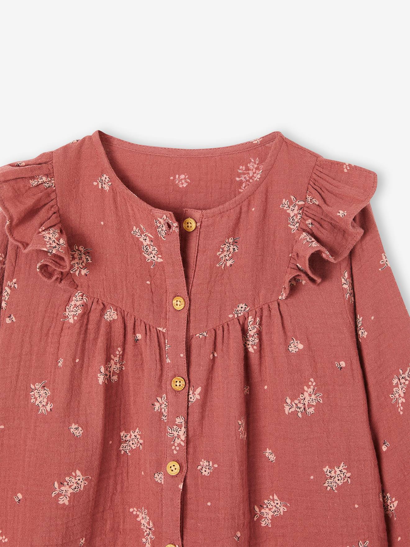 Blusa de chiffon de algodão com babados, para menina de pele cor de barro.