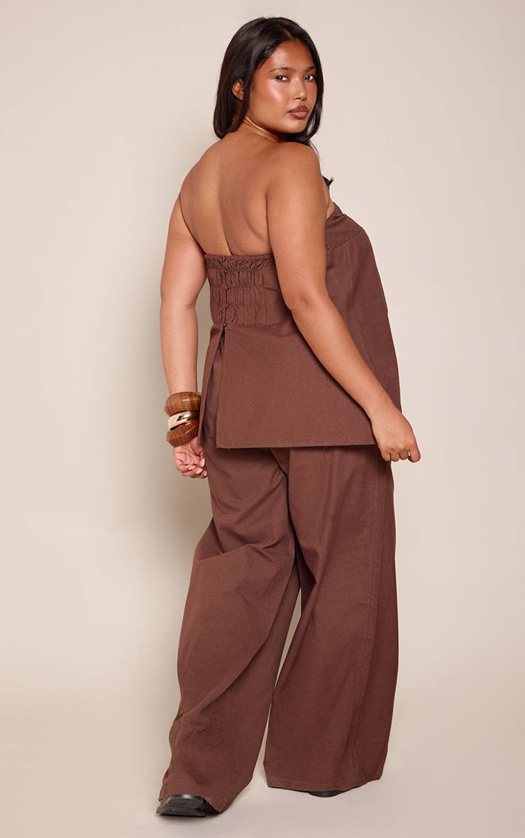 Chocolat Pantalon Large Grande Taille Aspect Lin Ensemble Coordonné