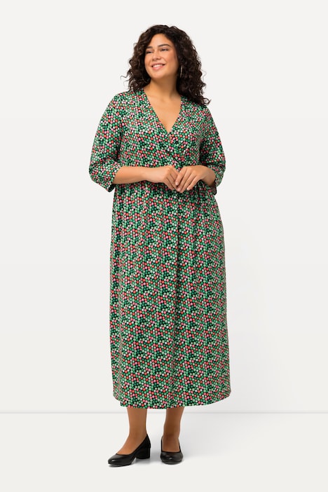 Jerseykleid, Punkte, Wickeloptik, V-Ausschnitt, 3/4-Arm