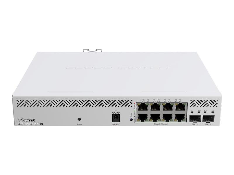 MikroTik PoE  Switch CSS610-8P-2S IN 10 Port Ihr kompaktes, erschwingliches PoE-Kraftpaket mit 8x Gigabit-PoE-out-Ports und 2x 10-Gigabit-SFP -Ports.