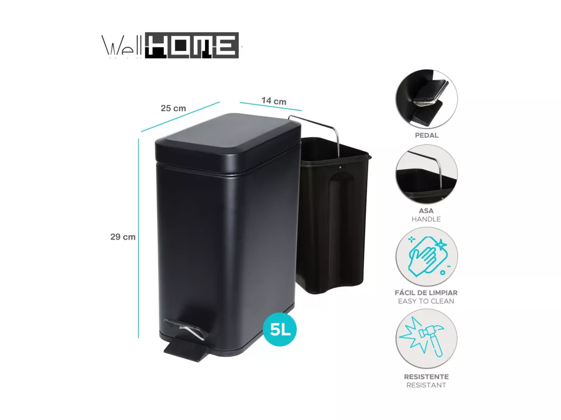 Poubelle à pédale Well Home 5L en métal couleur noir
