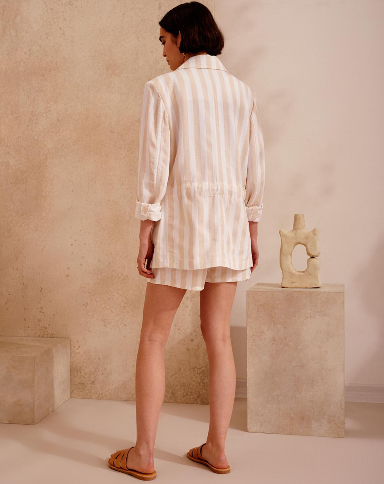 Bellerose Veste surchemise en Coton & Lin Storm à rayures écru/beige