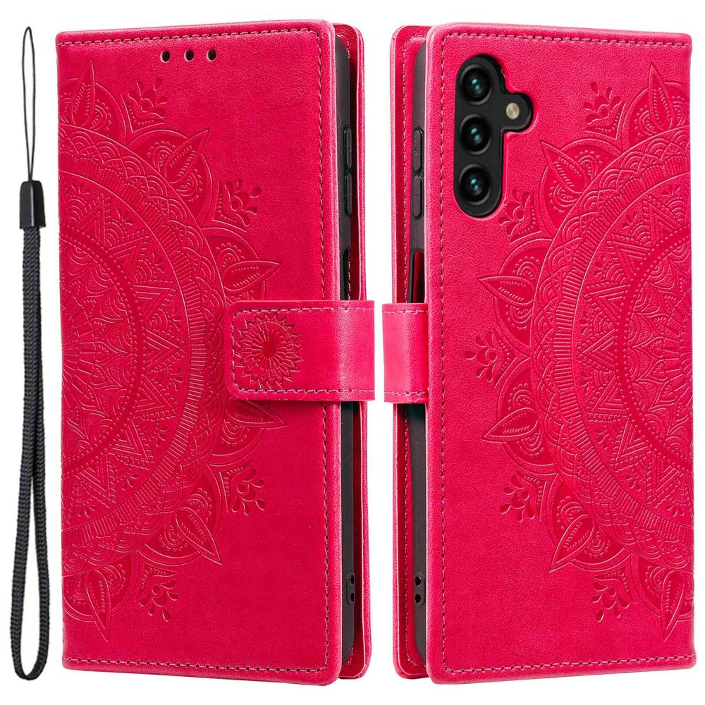 Samsung Galaxy A54 5G Leder Tasche Wallet - Mandala Flowers Imprint - Rot / Pink