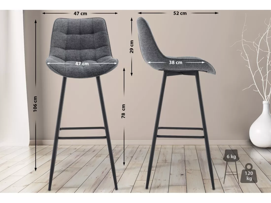 Tabouret de bar - Tissu & Métal noir mat - Gris foncé - Dartford