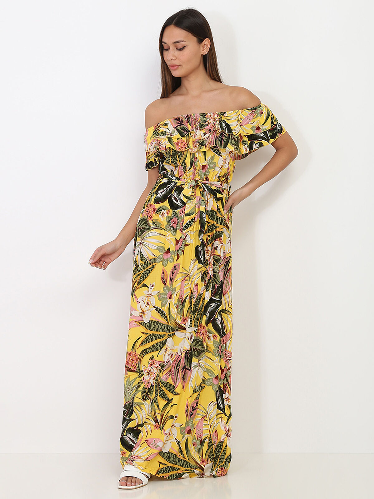 Robe col bardot à motif fleurs tropicales- Jaune
