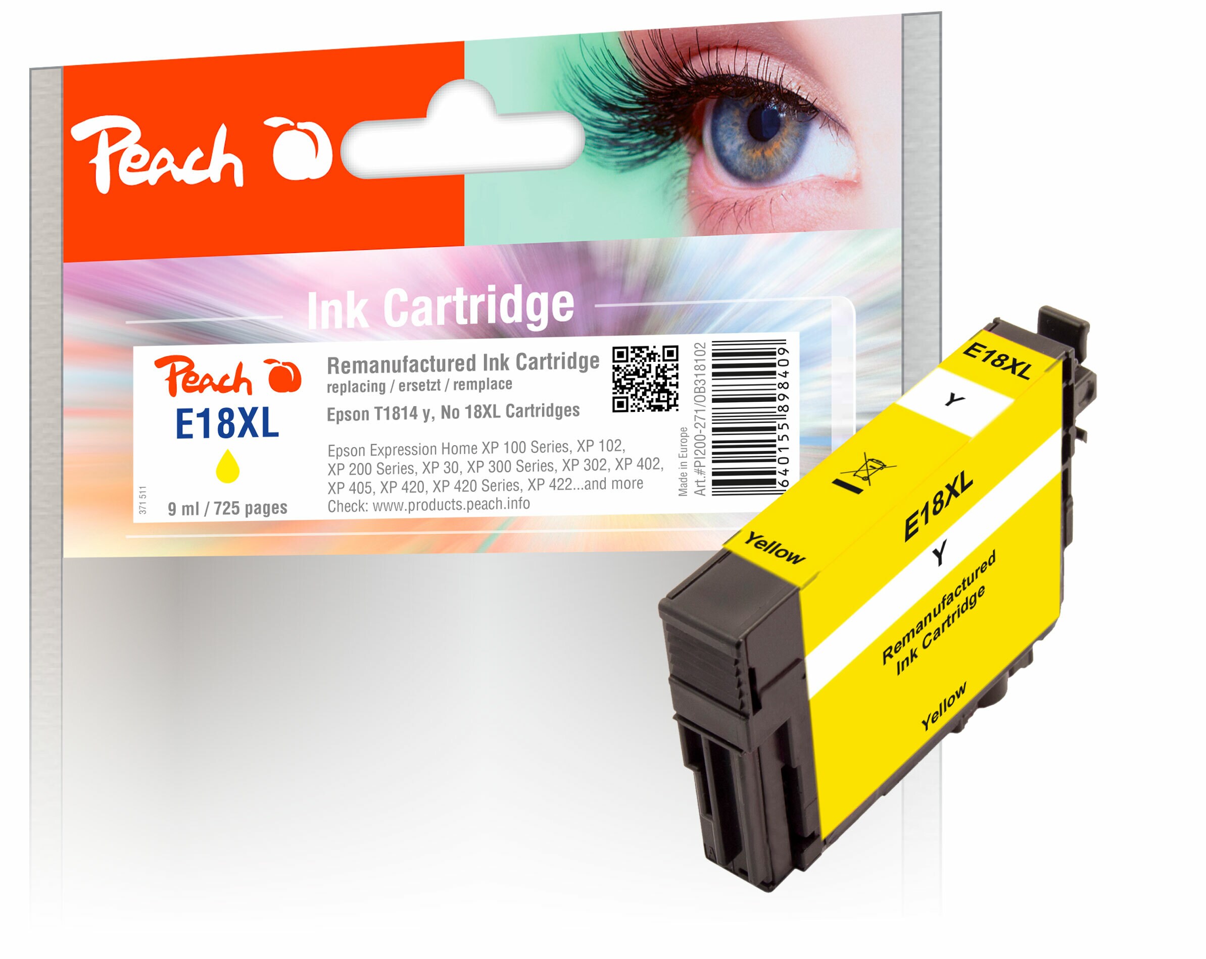 Peach E18 XLy Druckerpatrone XL ye ersetzt Epson No. 18XL y, C13T18144010 für z.B. Epson Expression Home XP -100, Epson Expression Home XP -102 (wiederaufbereitet)