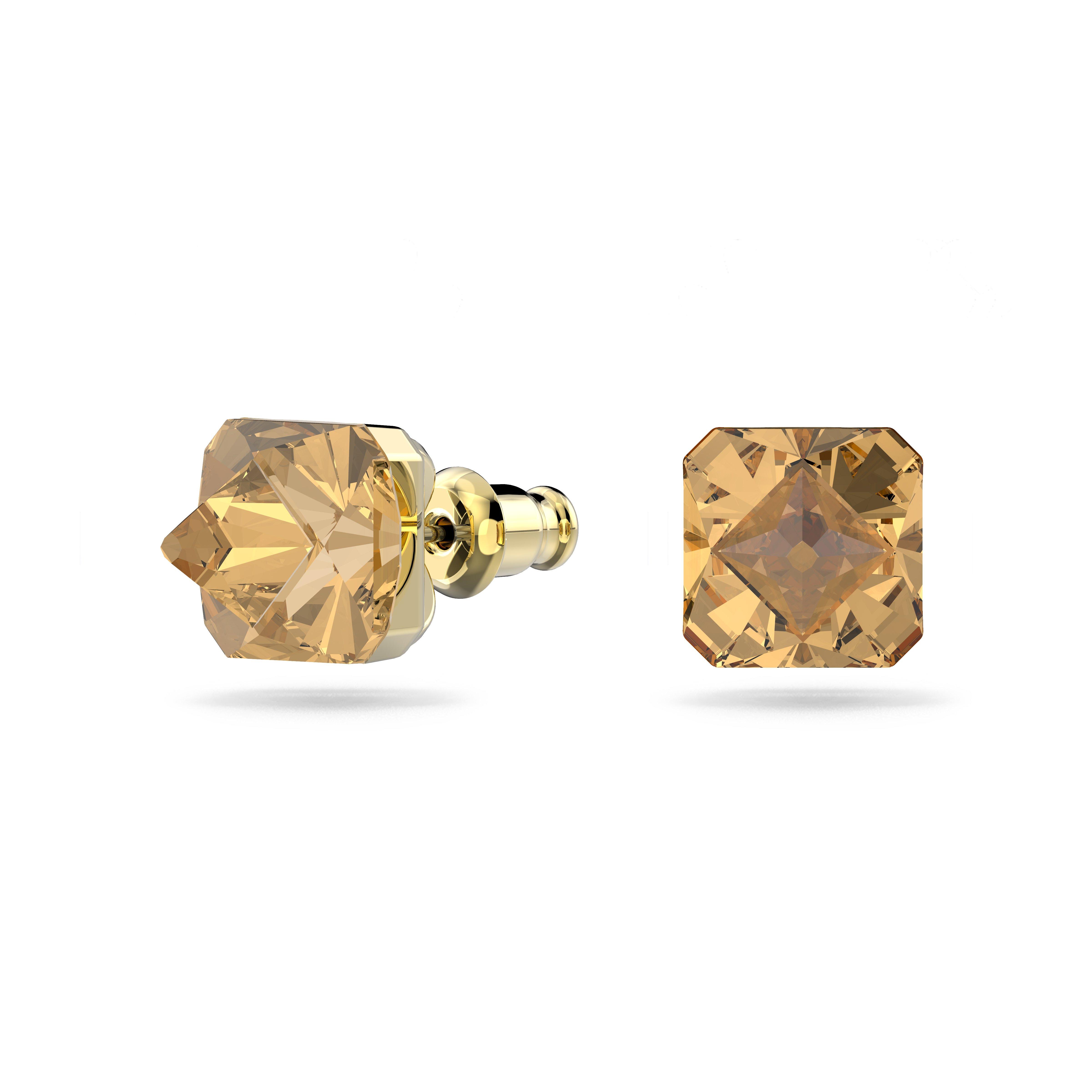 Swarovski Matrix stud earrings, Pyramid cut, Yellow, Gold tone plated