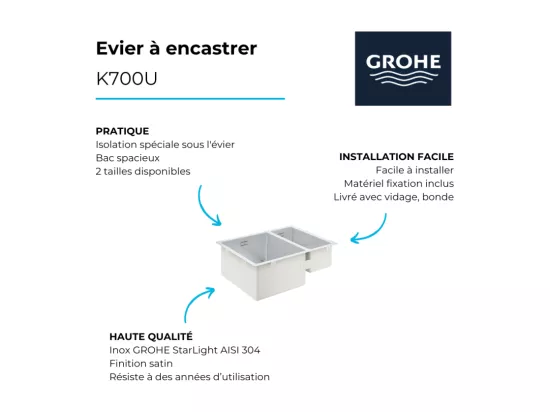 Evier à encastrer 1 bac et demi GROHE K700U acier inoxydable 76 x 45 cm