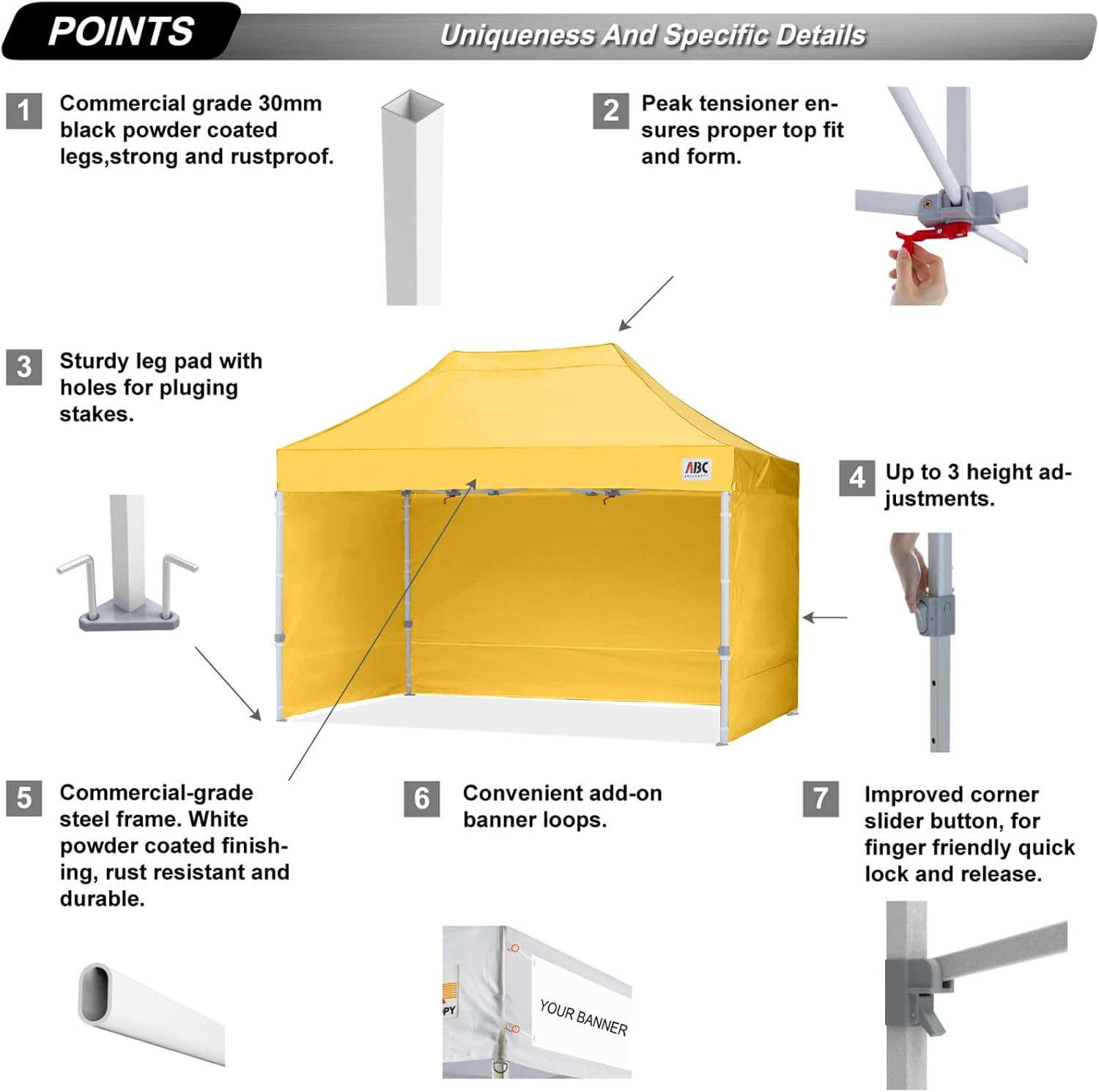 ABCCANOPY Pop-Up-Pavillon mit Seitenteilen und Türwänden, kommerzieller Unterstand, sofortiger Schatten und blockiert Regen, Bonus verbesserte Rolltasche, 4 Gewichtssäcke, Heringe und Seile (Gold)