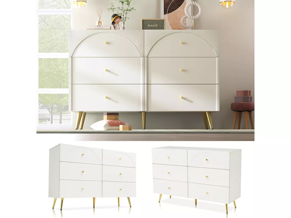 Armoire à tiroirs laiteux avec 6 tiroirs, buffet plateau haut pour chambre et tous les espaces de vie - h85 / B120 / T40 cm