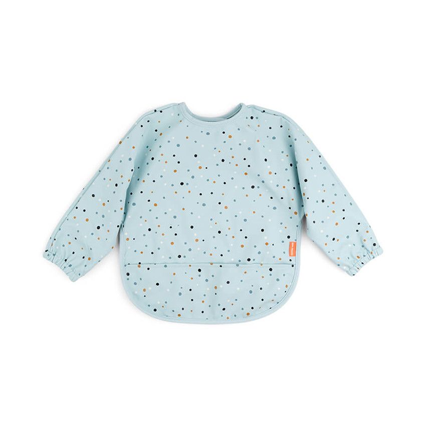 Bavoir tablier à manches longues avec poche - Happy Dots Bleu - Ecru