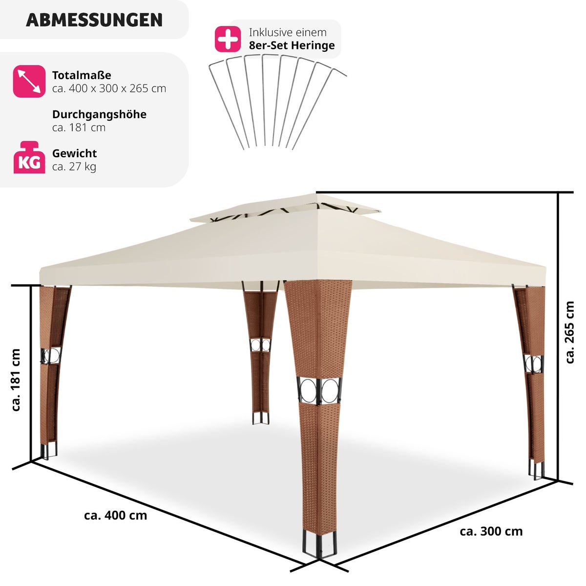 Rotan tuinpaviljoen tectake Mona 4 x 3 m inclusief haringen