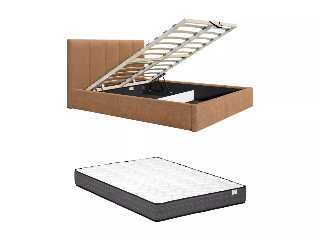 Lit coffre 140 x 190 cm avec tête de lit coutures verticales - Tissu - Terracotta - Avec matelas - KILACLO
