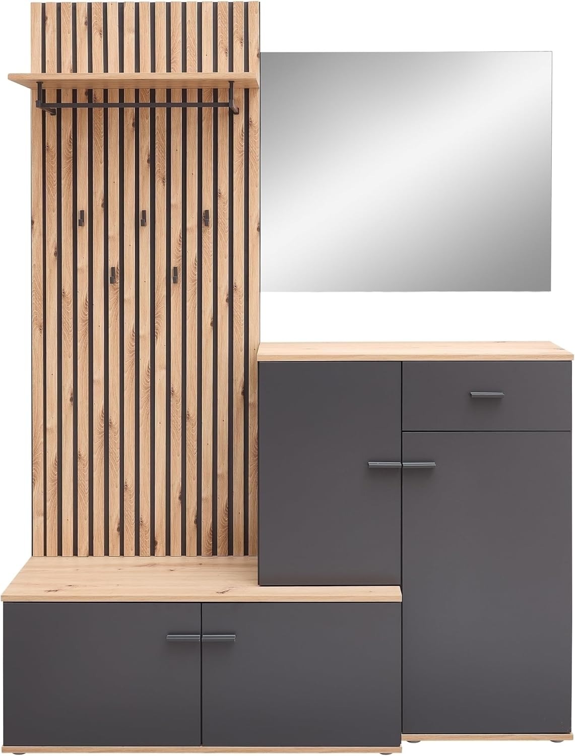 möbelando Kompaktgarderobe >Fynn< modern mit Spiegel, Schuhkommode, Bank & Paneel in Anthrazit/Artisan ? Stellmaß B/H/T: 223x199x38 cm, Melamin, Lamellenoptik, zerlegt geliefert