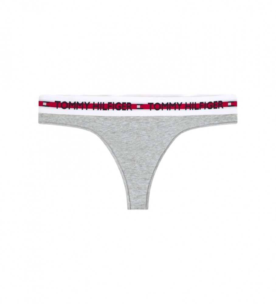 Calcinha fio dental elástica Tommy Hilfiger com inscrição cinza