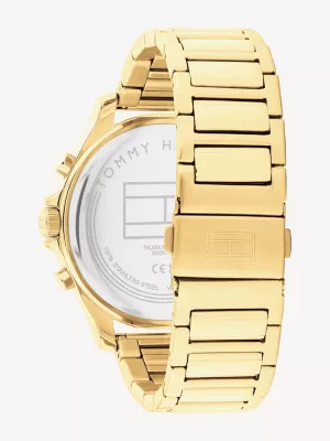 Relógio com pulseira e mostrador preto banhado a ouro