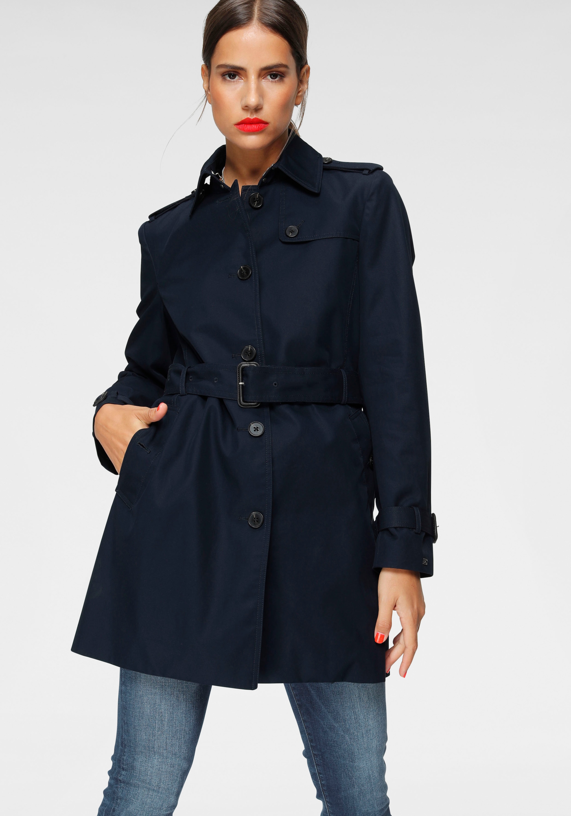 Tommy Hilfiger Langjacke »HERITAGE SINGLE BREASTED TRENCH« mit den typischen Trenchdetails & Tommy Streifen als Gürtelschlaufe