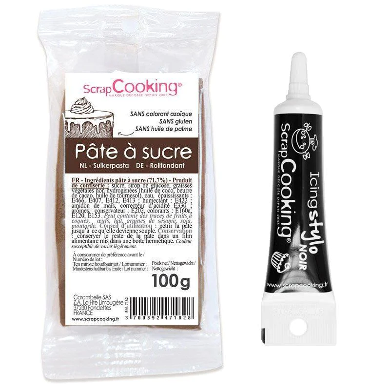 Pâte à sucre marron 100 g + Stylo de glaçage noir Scrapcooking