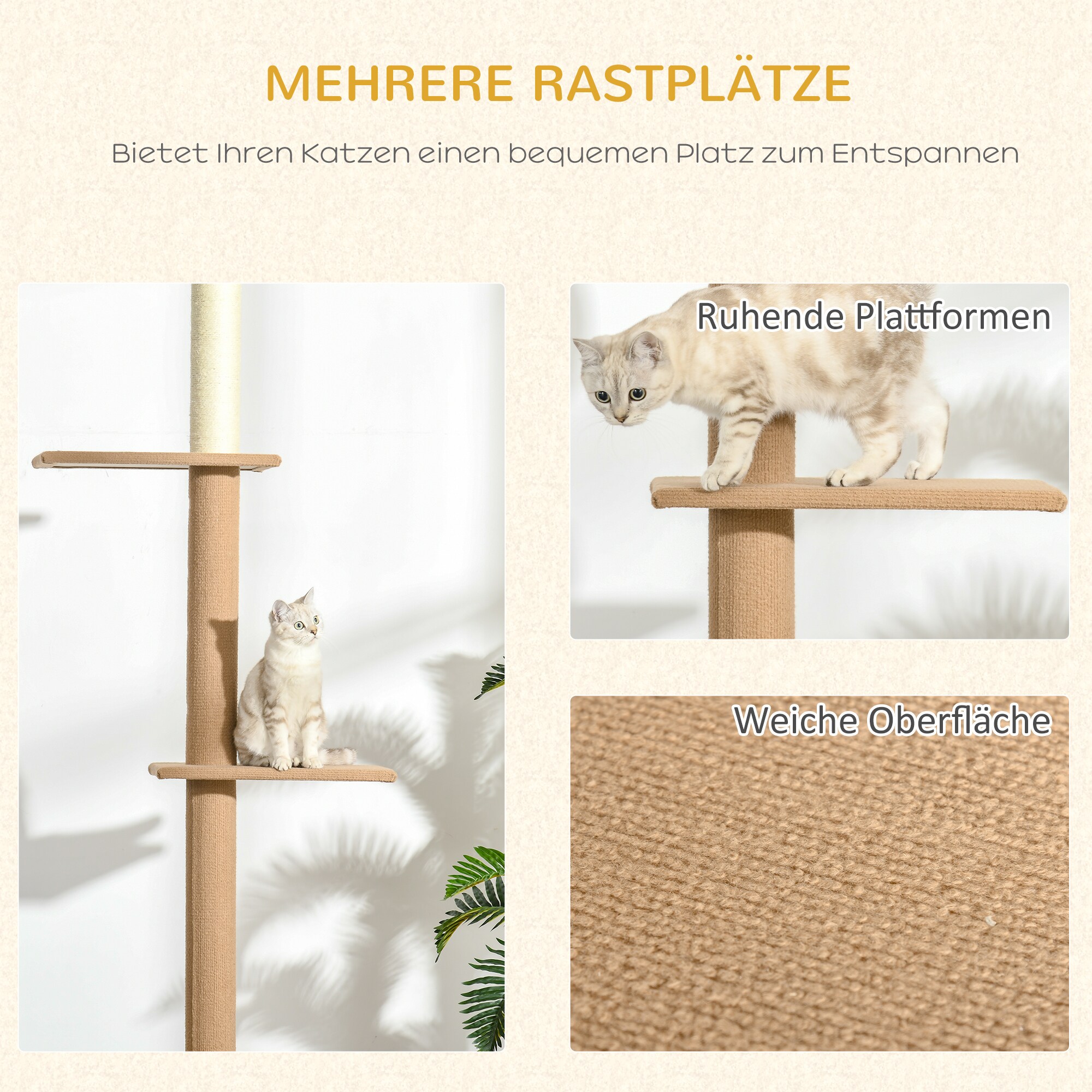 PawHut Kratzbaum Deckenhöhenanpassbar und 4 Plattformen braun 43L x 27B x 228-260H cm