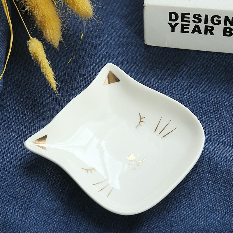 (8x8cm) Keramik Futter Napf Katzen Schüssel Haustier Wasser Schale Deko Teller im Kitten Design - Weiss