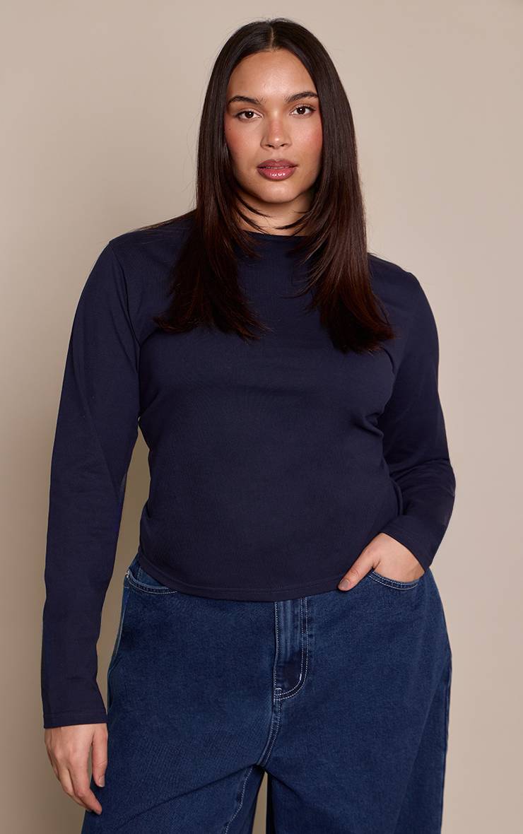 Bleu Marine T-shirt Grande Taille Ajusté En Coton Premium À Manches Longues Et Coupe Allongée