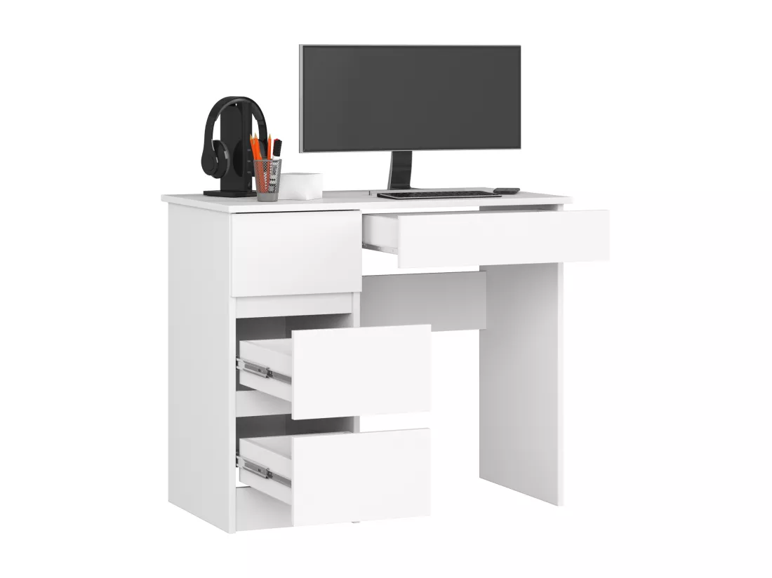 Bureau d'ordinateur AKORD gauche A7 Blanc 90 cm 4 tiroirs façade Blanche 90x50x77 cm