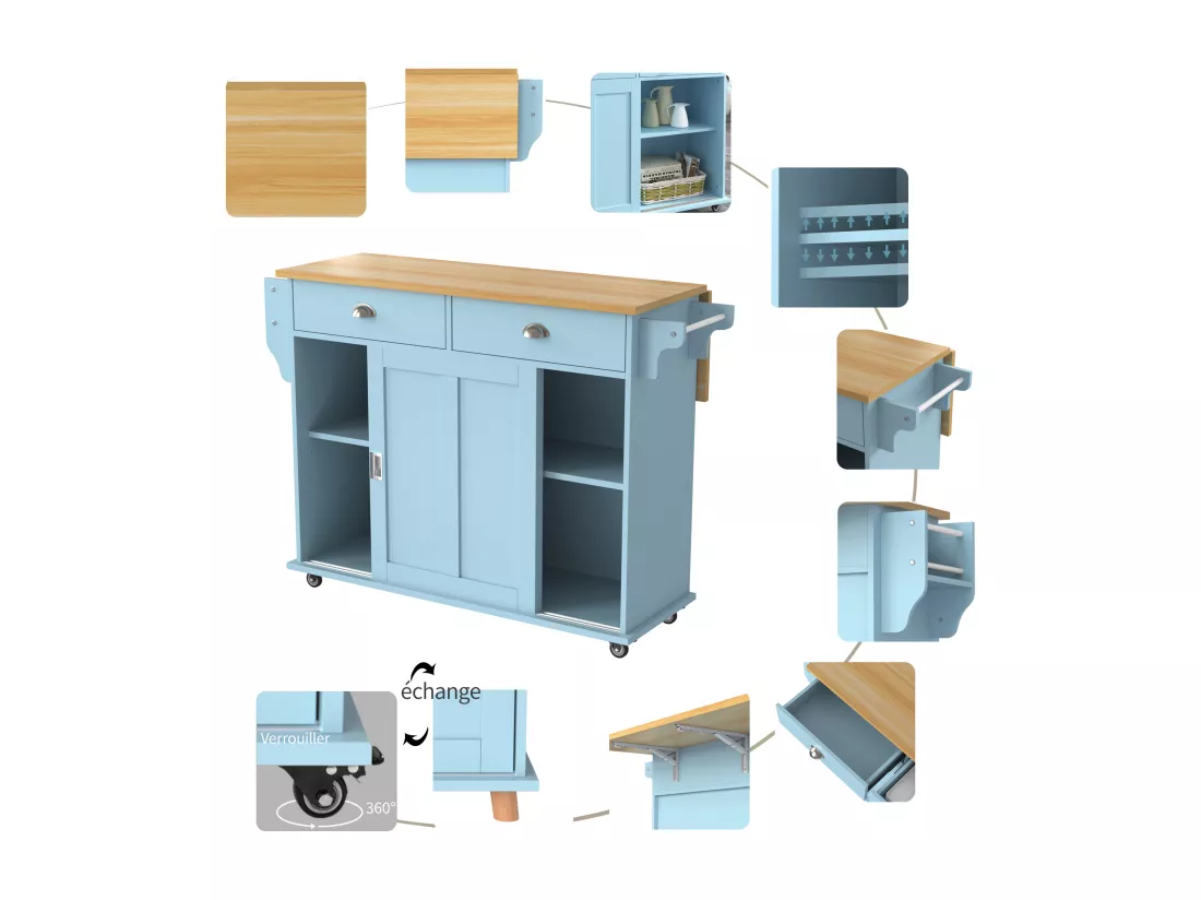 Ilot central de cuisine - 2 tiroirs et 2 portes coulissantes - pieds en roulettes ou en bois - Bleu