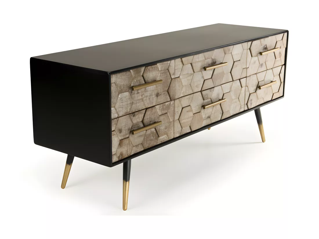 DALIE - Meuble TV noir 6 tiroirs scandi bois Sapin marqueté pieds métal doré