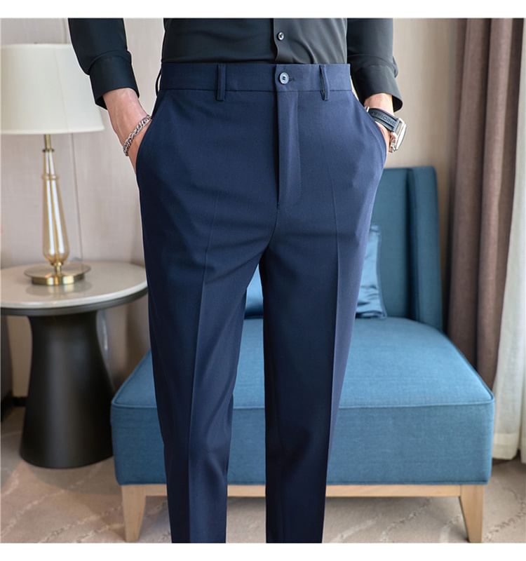 Lefitt - Mid Rise Plain Cropped Straight Leg Dress Pants