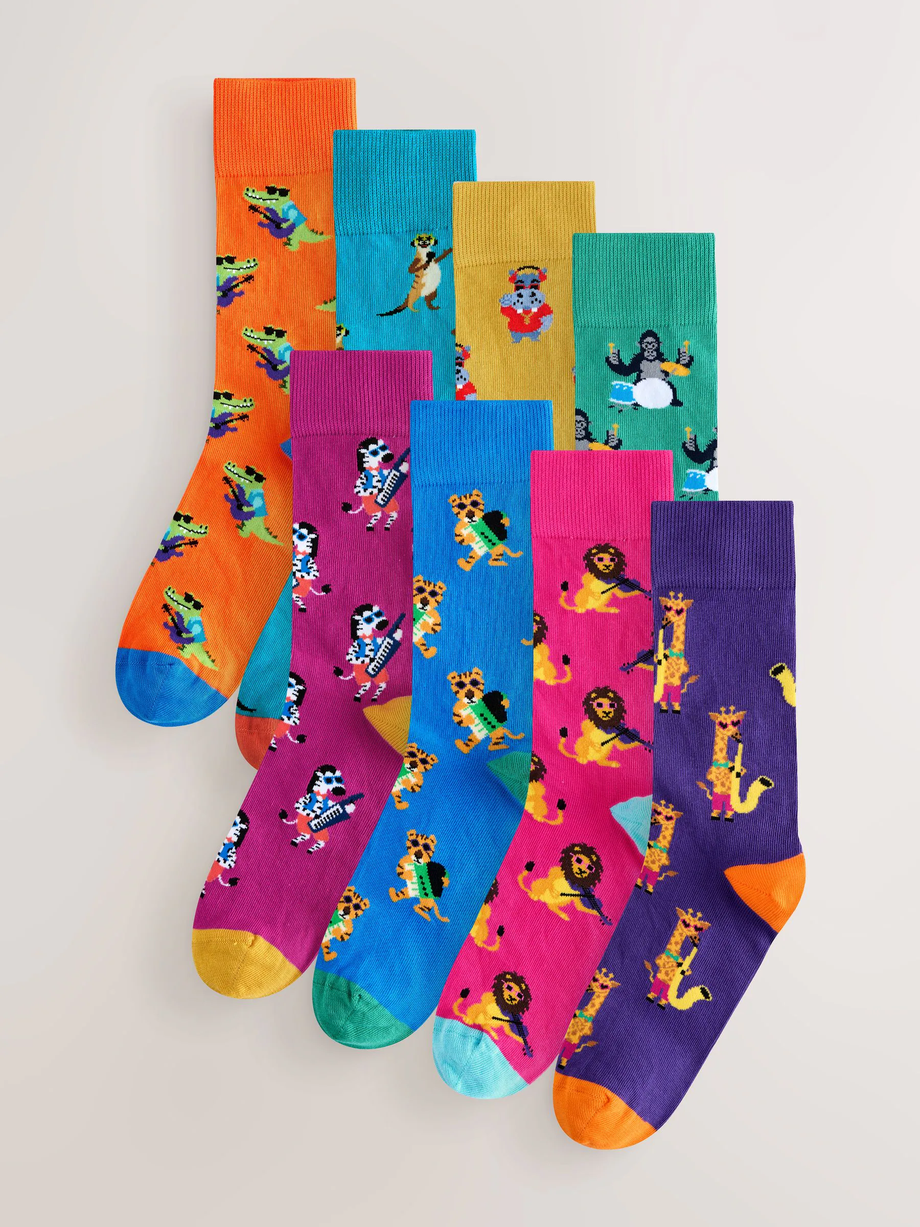 Helderrood/oranje/blauw - Set van 8 sokken met patroon