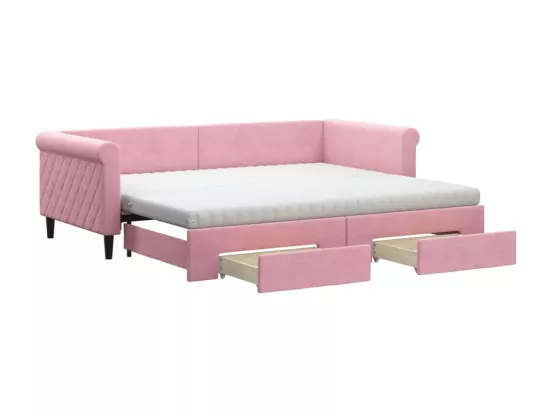 Lit de jour avec gigogne et tiroirs rose 90x200 cm velours