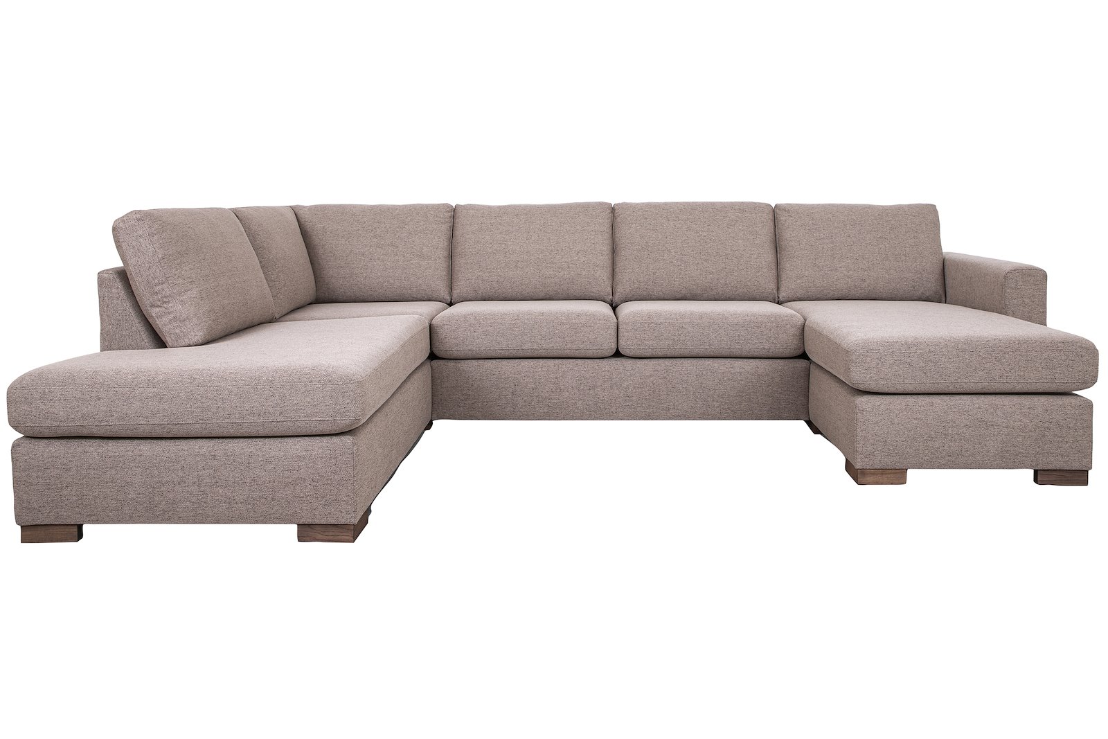 Pixel U-sofa Åpen ende venstre, hjørne, 2-seter og sjeselong høyre. I tekstil Neve 16 beige/greige, lav front, smoked treben W33, og arm A15. Komfort 1.