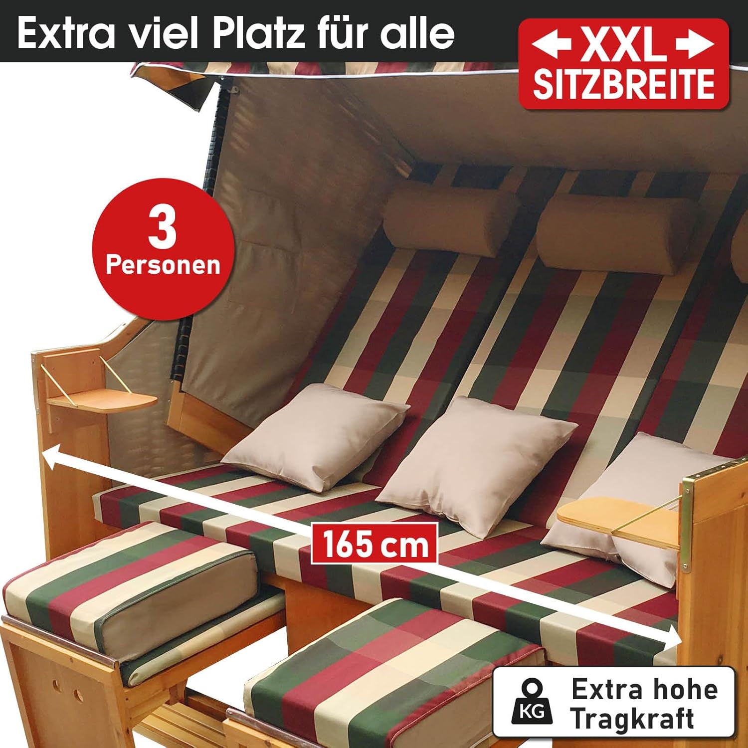 BRAST® Strandkorb Usedom 3-Sitzer XXL für 2-3 Personen | 165cm breit | 5 Designs | inkl. wetterfeste Abdeckhaube | verstellbare Rückenlehne Fußkissen | Rot/Grün/Beige - kariert
