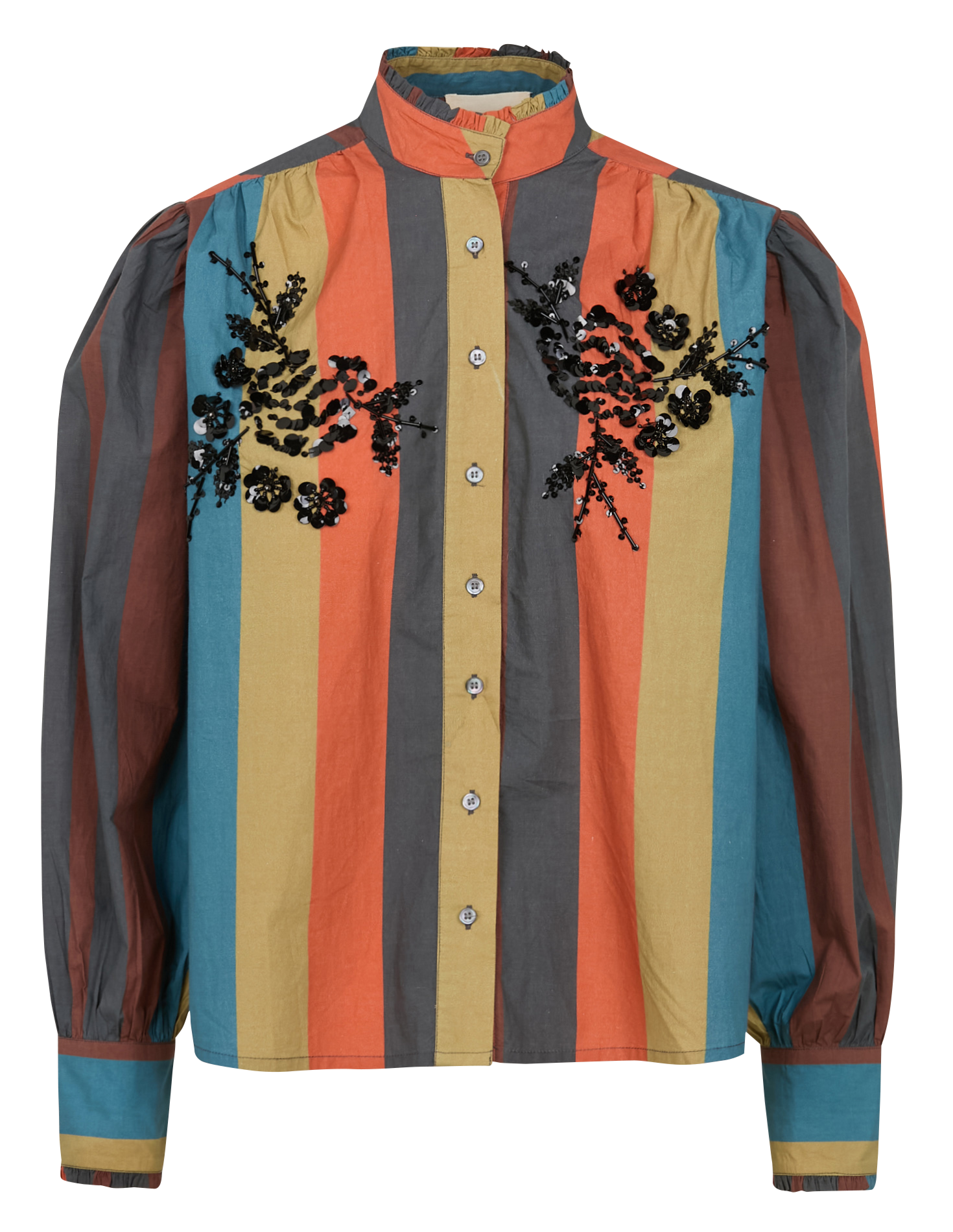HAPPY - Chemise col montant rayée en coton | Orange