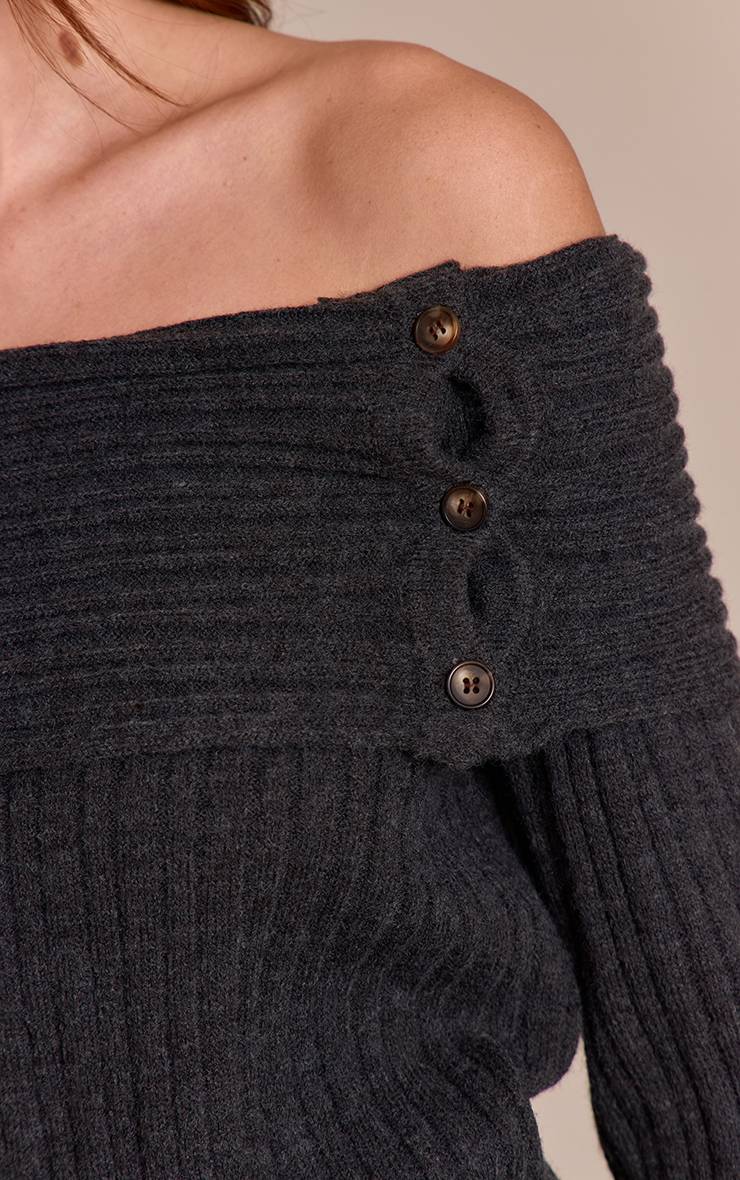 Gris Foncé Synthétiquell Bardot En Maille Côtelée Avec Détail De Boutons